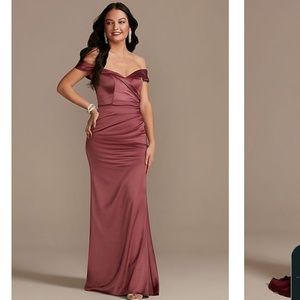 Galina Signature Satin Off-the-Shoulder Mermaid Bridesmaid Dress in Chianti